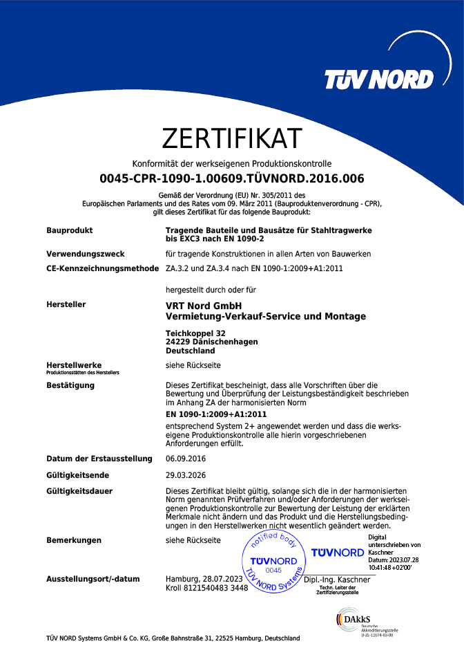 Zertifikat - Tragende Bauteile und Bausätze für Stahltragwerke bis EXC3 nach EN 1090-2